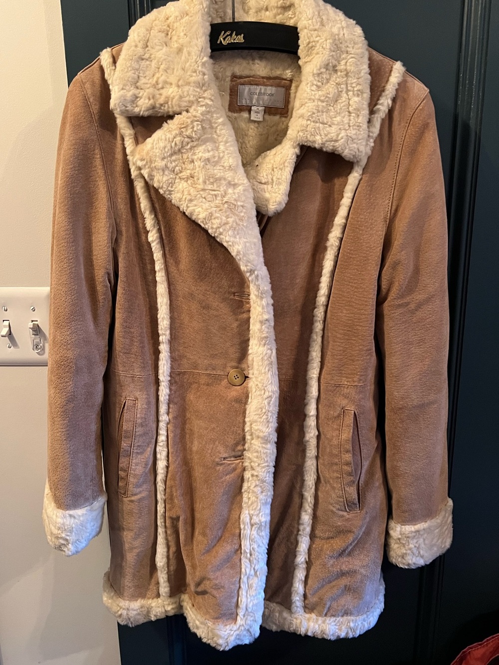 Tan sued Faux Shearling Coat with Cream Trim